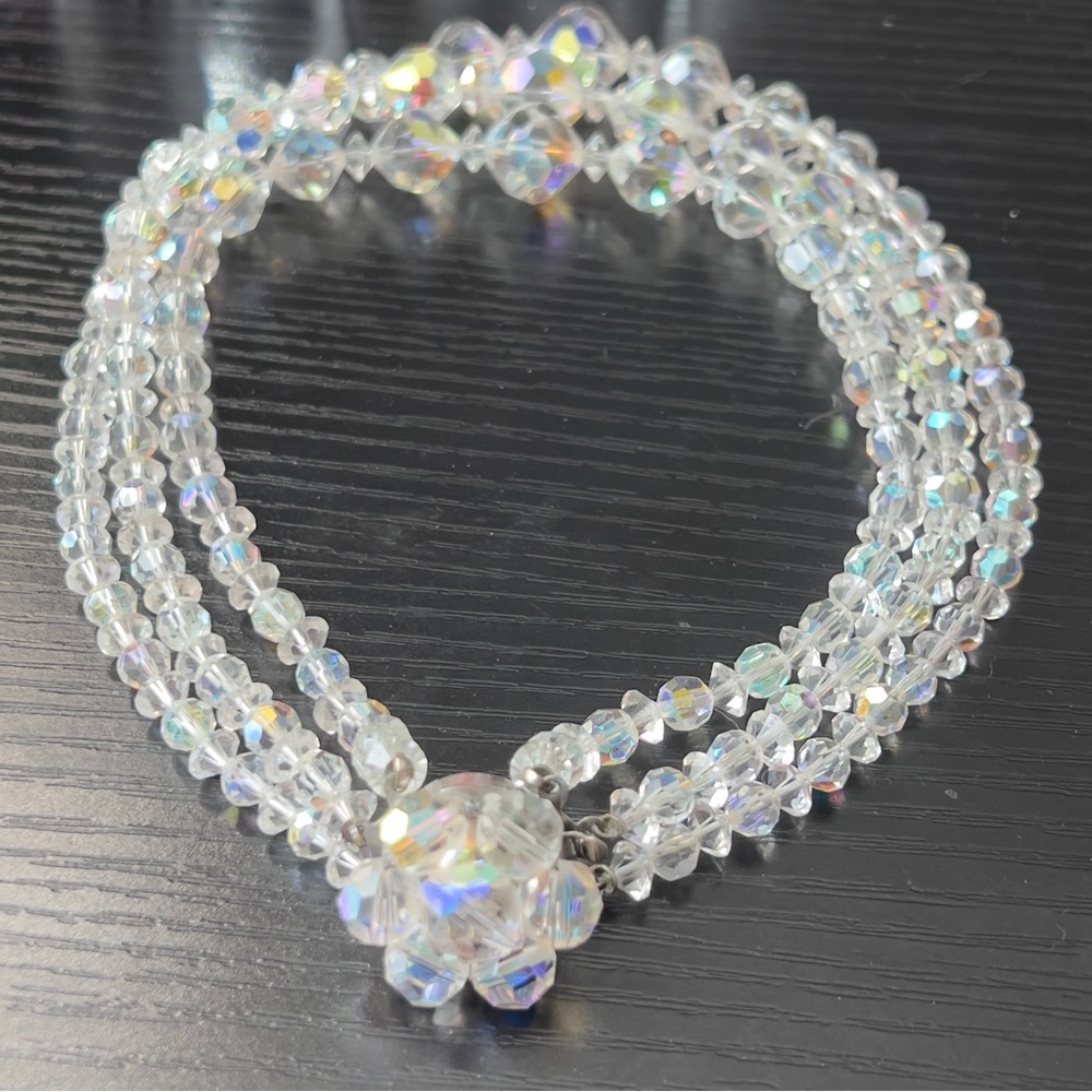 Vintage Aurora Borealis Glass Beaded Three Tiered Choker Style Necklace/Earrings - Picture 4 of 9